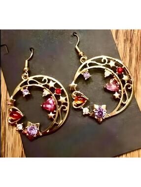 Beautiful Dancing Hearts & Stars Rhinestone Crescent Moon Earrings